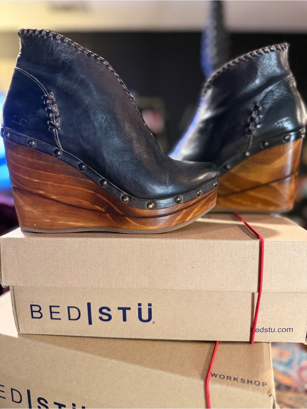 BED|STU MARINA Black/Teak Rustic Leather Wedge Booties with Wooden Platform